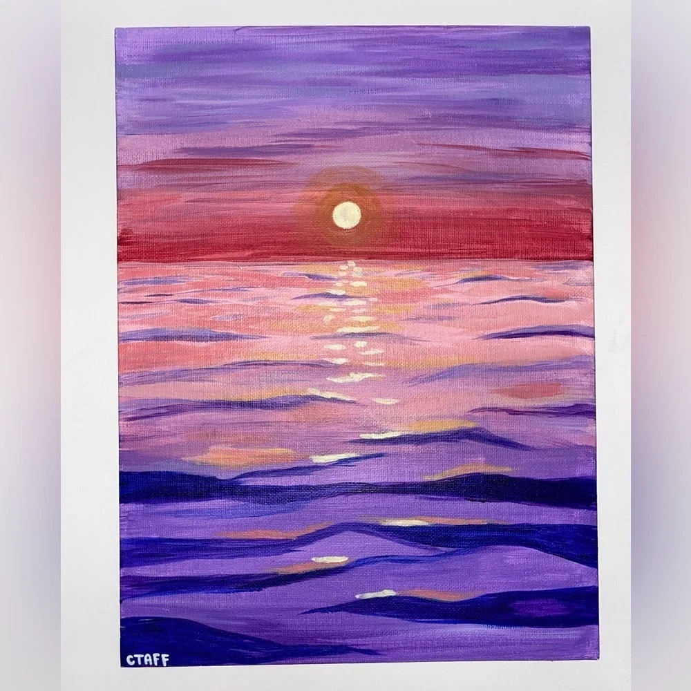 Ocean Sunset Acrylic Painting | 9x12 | Red & Purple Coastal Wall Art